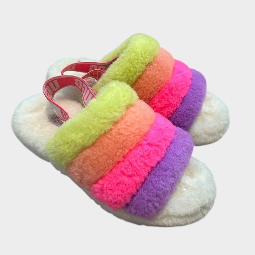 UGG Women’s Size 7 Neon Rainbow Fuzzy Slippers